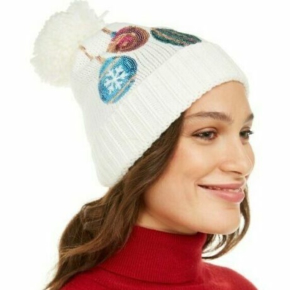Charter Club Accessories - (NWT) Charter Club Women's White Festive Sequined Mixed Baubles Beanie OSFM